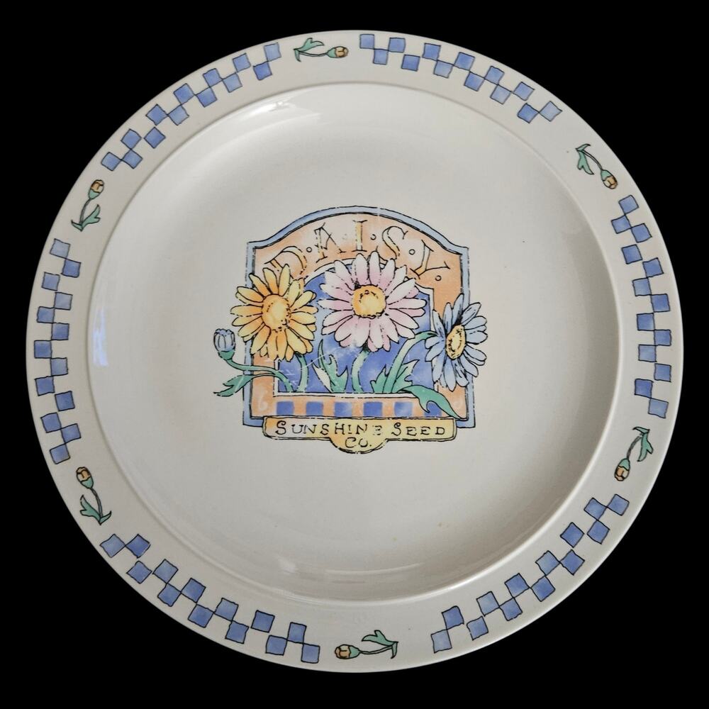 Sunshine Seed Company Floral Garden Dinner Plate Blue Check Stoneware
